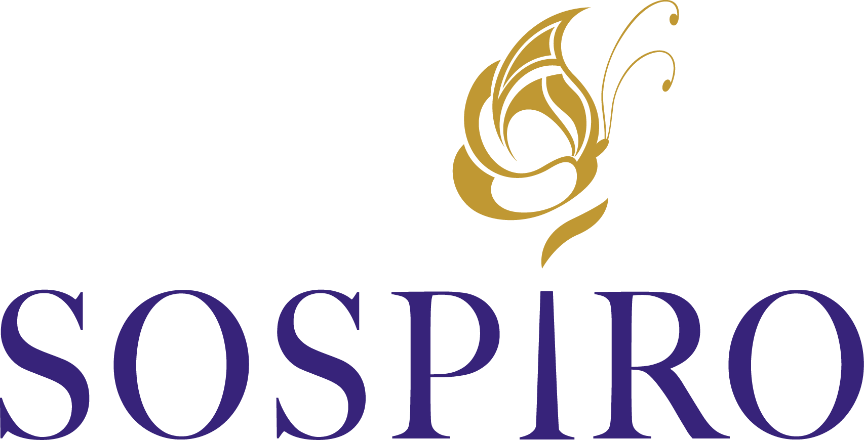 Sospiro Logo – goldener Schmetterling als Markenzeichen, darunter der Markenname Sospiro in dunkelvioletter Serifenschrift auf weißem Hintergrund