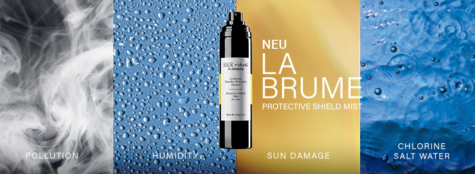 Vier Abschnitte zeigen verschiedene Haarstressfaktoren: Rauch (Verschmutzung), Wassertropfen (Feuchtigkeit), goldene Sonnenstrahlen (Sonnenschäden) und blaue Wasseroberfläche mit Wellen (Chlor- und Salzwasser). In der Mitte steht das neue Hair Rituel by Sisley 'La Brume' Protective Shield Mist als Schutzspray.