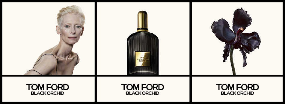 Werbung für TOM FORD Black Orchid Reserve Parfum: Das Bild ist in drei Kacheln aufgeteilt, ganz lins ist eine Frau zu sehen, in der Mitte der Flakon und rechts eine schwarze Blume.